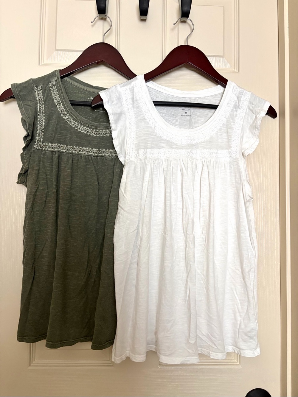 Lucky Brand White and Olive Cap-Sleeve Tops